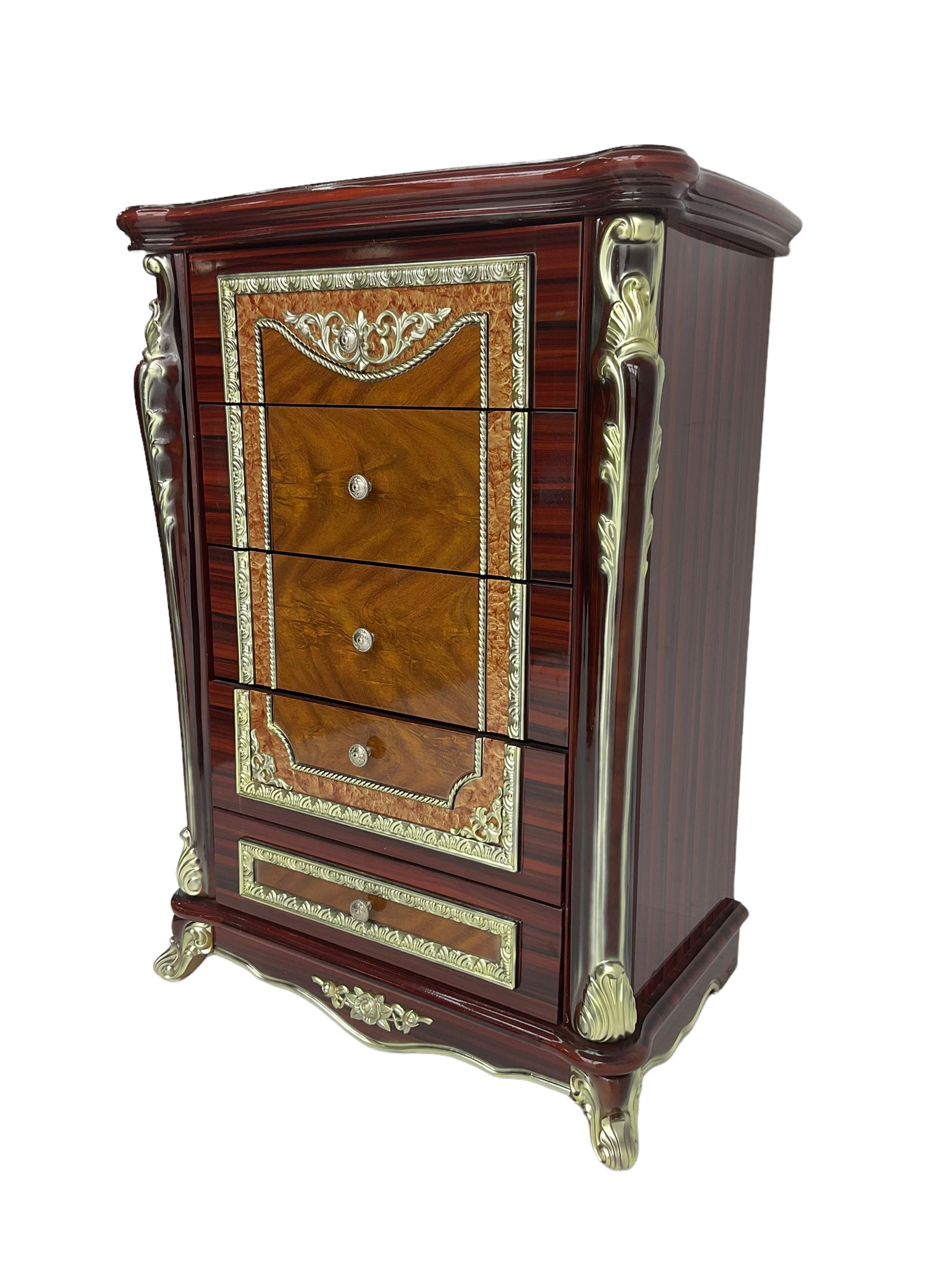 Rococo style wood finish chest, fitted with five drawers, decorated with scrolled foliate and flower heads 