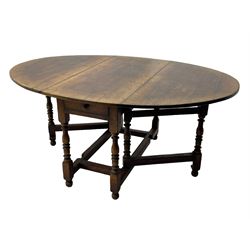 19th century oak dining table, oval drop-leaf top on gate-leg action base, turned supports united by turned stretchers, fitted with single end drawer