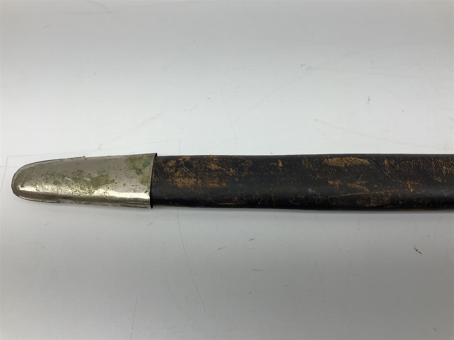 Reproduction Scottish basket hilted broadsword with 85cm double edged steel blade and red lined basket hilt with wire bound grip, in white metal mounted leather scabbard 107cm overall