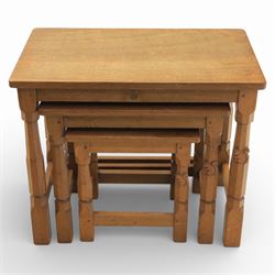 Squirrelman - nest of three tables, each with rectangular top upon octagonal turned supports with squirrel carving, by Wilfrid Hutchinson, Husthwaite
