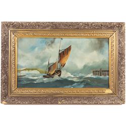 Dion Pears (British 1829-1985): Sailing By the Cliffs, oil on canvas board signed 23cm x 42cm 