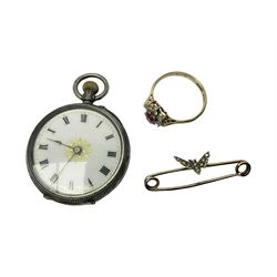 9ct gold pear butterfly brooch, 9ct gold stone set ring and an silver fob watch, all stamped or hallmarked 