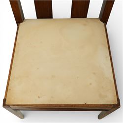 Late 20th century Mackintosh design oak 'Argyle' dining chairs, with elongated backs featuring pierced shaped top rails and twin vertical splats, upholstered seats, raised on square legs with stretchers