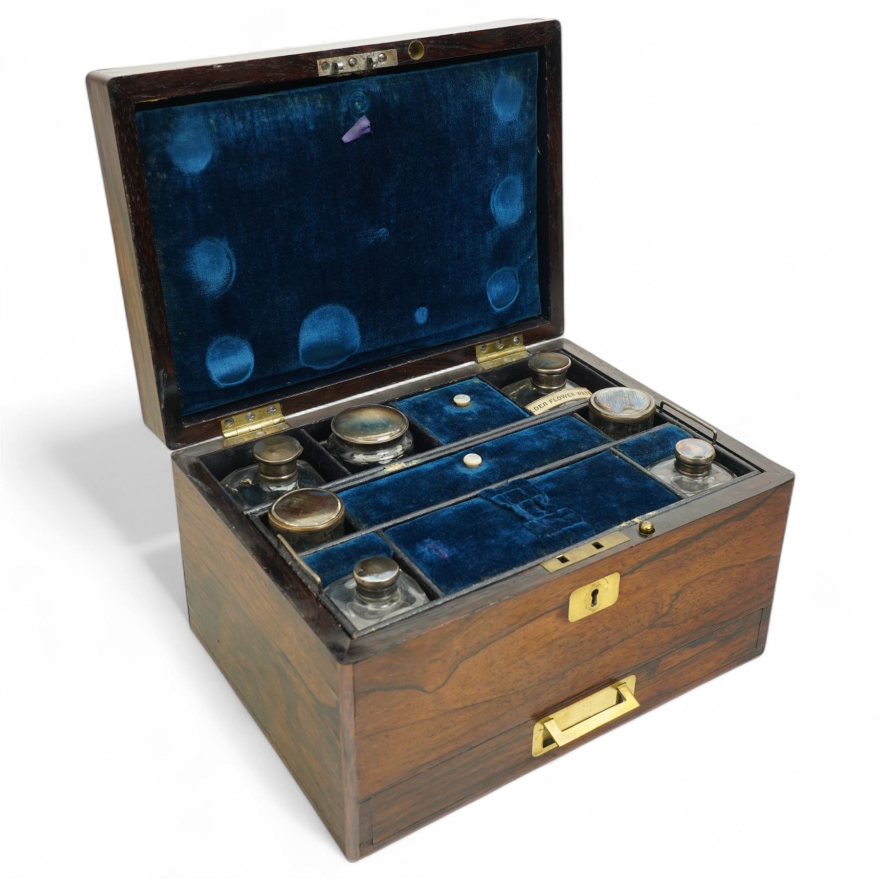 Victorian rosewood vanity box, the fitted interior containing various bottles and jars, the pin lifting to reveal lower drawer, H17cm x W28cm x D20cm