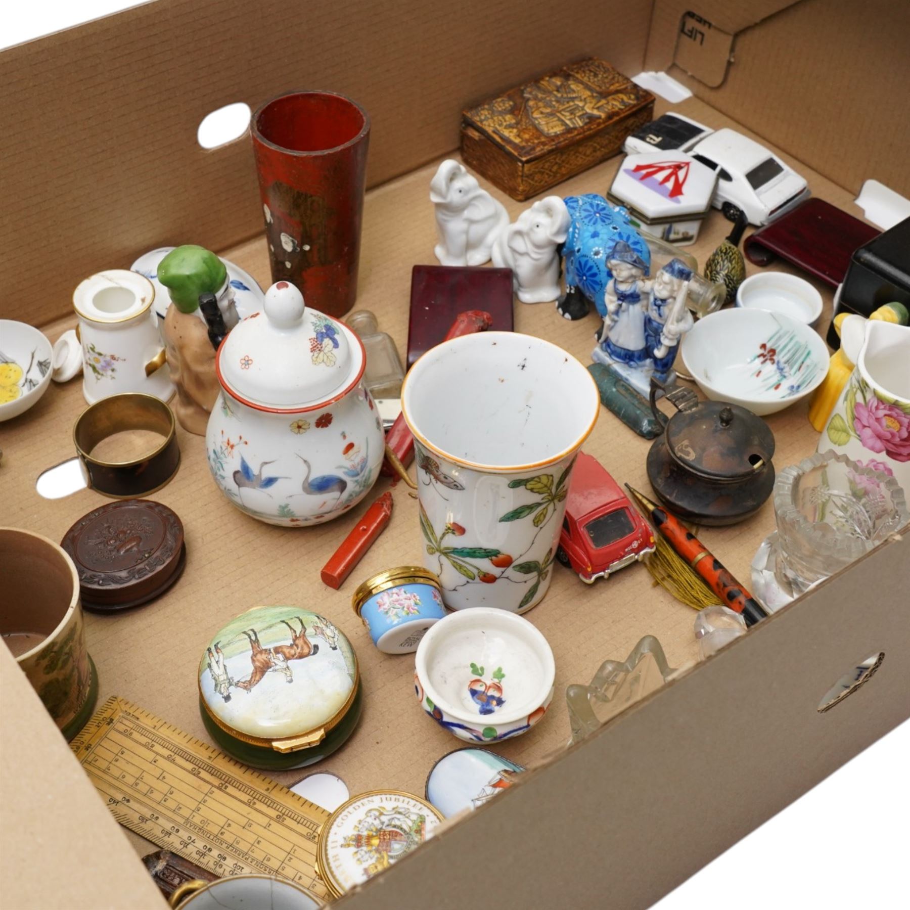 Collection of enamel trinket boxes, silver salt, whistles etc, in one box 
