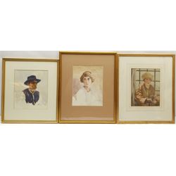 George Harrison (York 1882-1936): Bust Portraits, three watercolours signed, two dated 1917 and 1926, max 25cm x 21cm (3)
Provenance: purchased David Duggleby Ltd 15th July 2017, part of the artist's original studio collection. 
Harrison studied at York School, Leeds College of Art, RCA and Newlyn; he became Principal of York School of Art and also ran a school of art at the Corn Mill Stamford Bridge York.