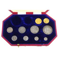 King George V 1911 proof short coin set, comprising gold half sovereign and sovereign, silver maundy money set, sixpence, shilling, florin and halfcrown, housed in dated case intended for the long coin set so there are two vacant recesses 