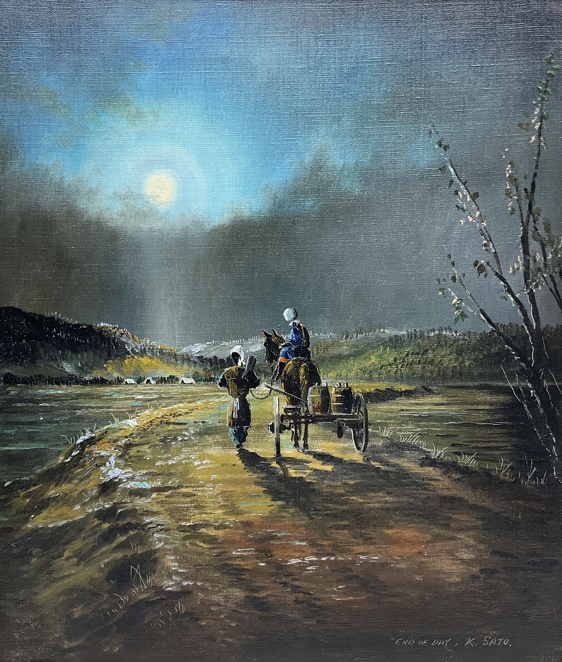 K Sato (Japanese 20th century): 'End of Day', oil on canvas signed and titled 52cm 44cm 
Provenance: purchased by Andrew D Sakellariou, Yokohama Xmas 1956, inscribed on stretcher