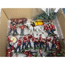 Sectional wooden fort on base with painted textured finish 46 x 36cm; together with over thirty lead and die-cast white metal soldiers and horses by various makers; and a small quantity of plastic figures of soldiers