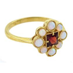 Silver-gilt opal and garnet cluster ring, stamped Sil