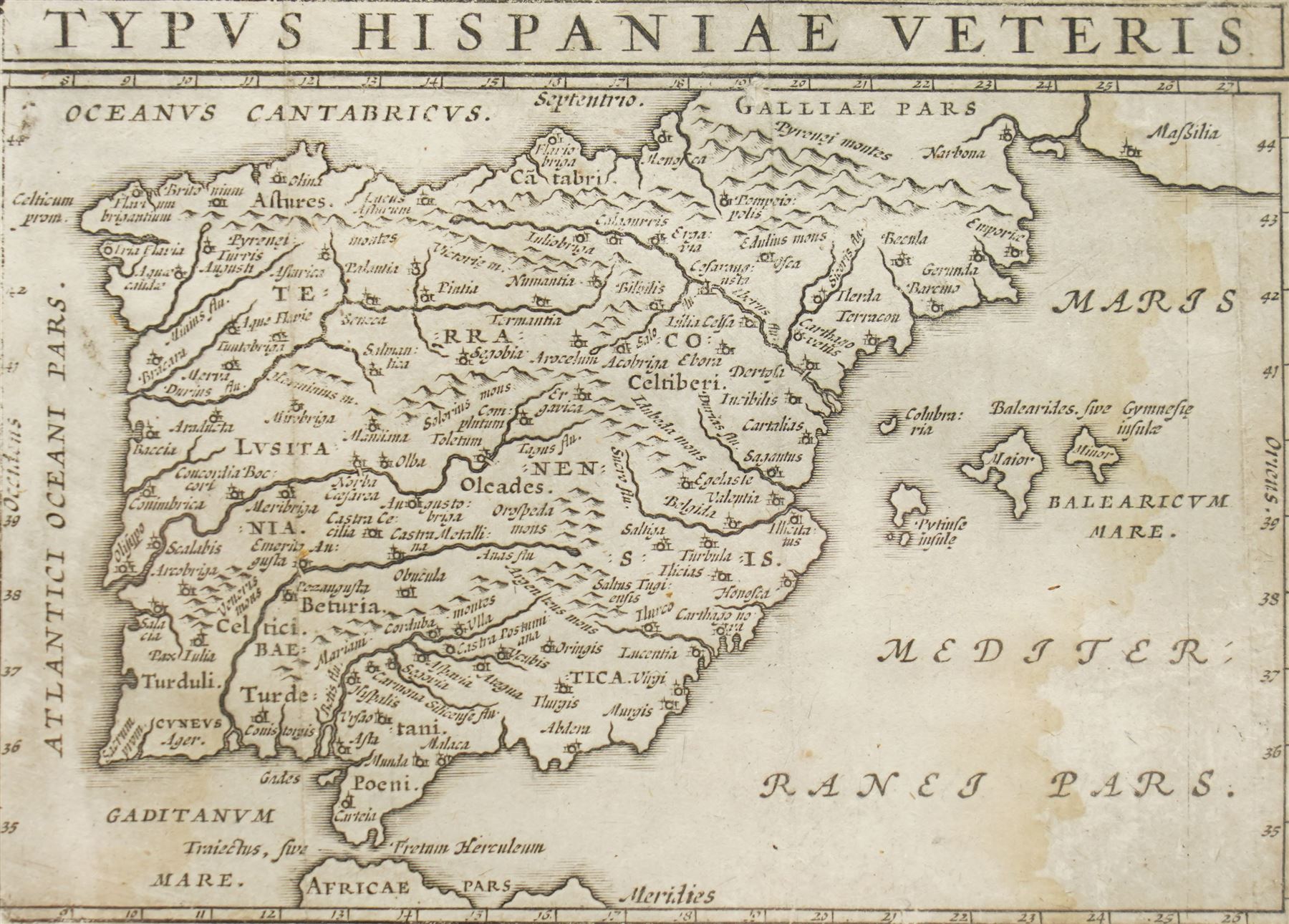 Joseph Justus Scaliger (Dutch 1540-1609 editor): 'Typus Hispaniae Veteris', 17th century engraved map uncoloured of ancient Spain and Portugal pub. Elzevir edition of 'Julius Caesar's Commentarii' c.1664, 10cm x 13cm