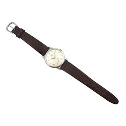 Omega gentleman's stainless steel 17 jewels manual wind wristwatch, No. 13332, cal 267, movement No. 17777014, on brown leather strap