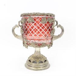 19th century silver plated and ruby glass wine cooler, of urn form, the cut ruby glass bowl with silver plated fruiting vine mount and twin vine handles, upon a spreading frilled stem and circular stepped foot, H33cm