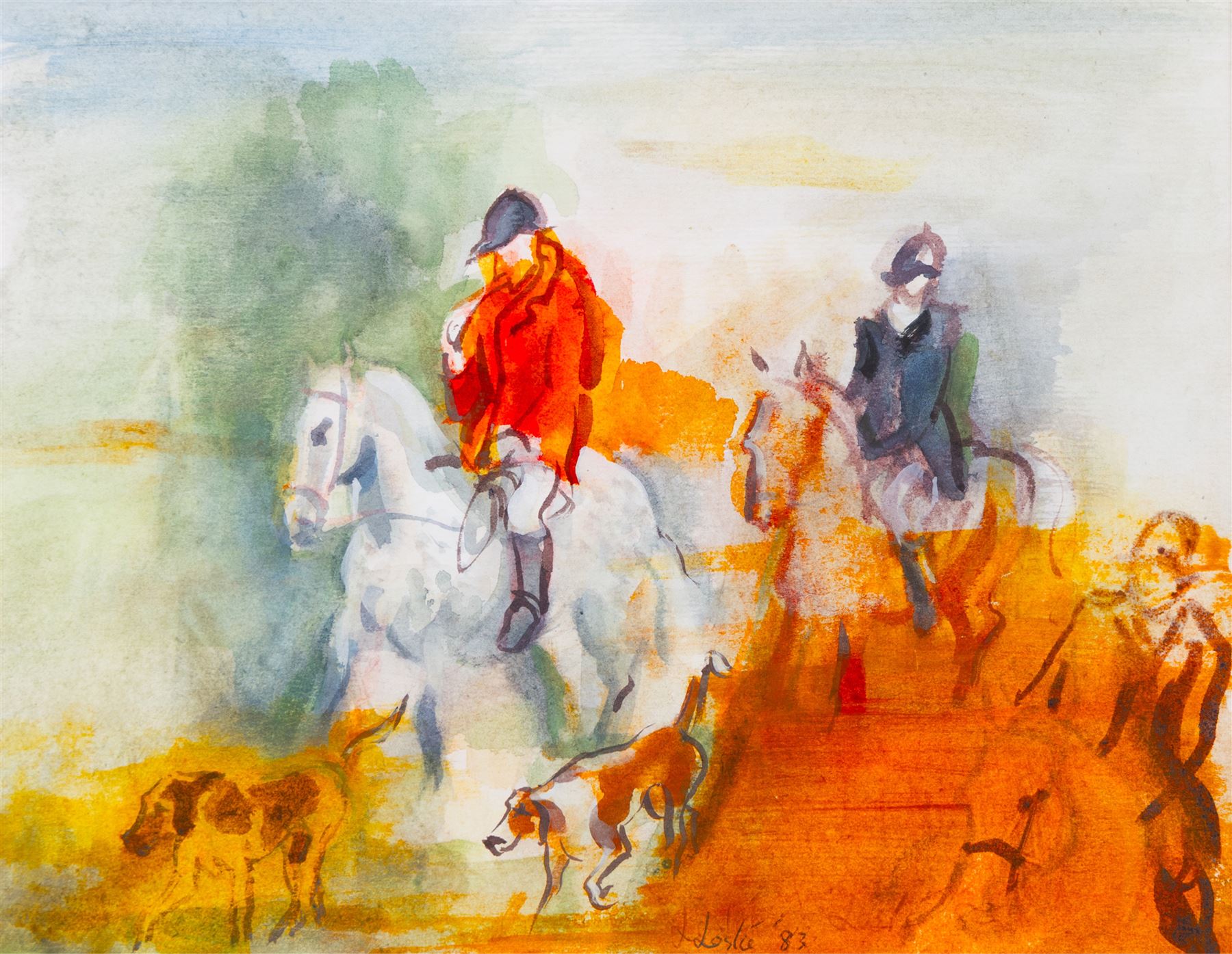 Leslie (Mid/late 20th century): The Hunt, impressionist watercolour signed and dated '83, 25cm x 32cm
Provenance; the estate of the late Mrs Godsal, Pond Street, London NW3 purchased Abbott & Holder, 30 Museum Street, London, label verso