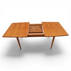 Mid-20th century teak dining table and chairs, with stowable fold over leaf, raised on square tapering legs, the chairs with teak frames and reupholstered green leather seats