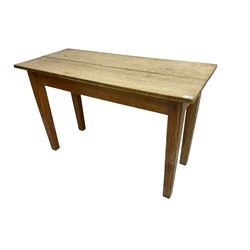 Early 20th century oak kitchen table (W122cm D53cm H77cm); and stained pine and beech stool or small coffee table
