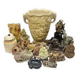 Collection of hardstone and soapstone, including hardstone seal carved temple dogs finial, inscription on base, together with inkwells, vases etc  