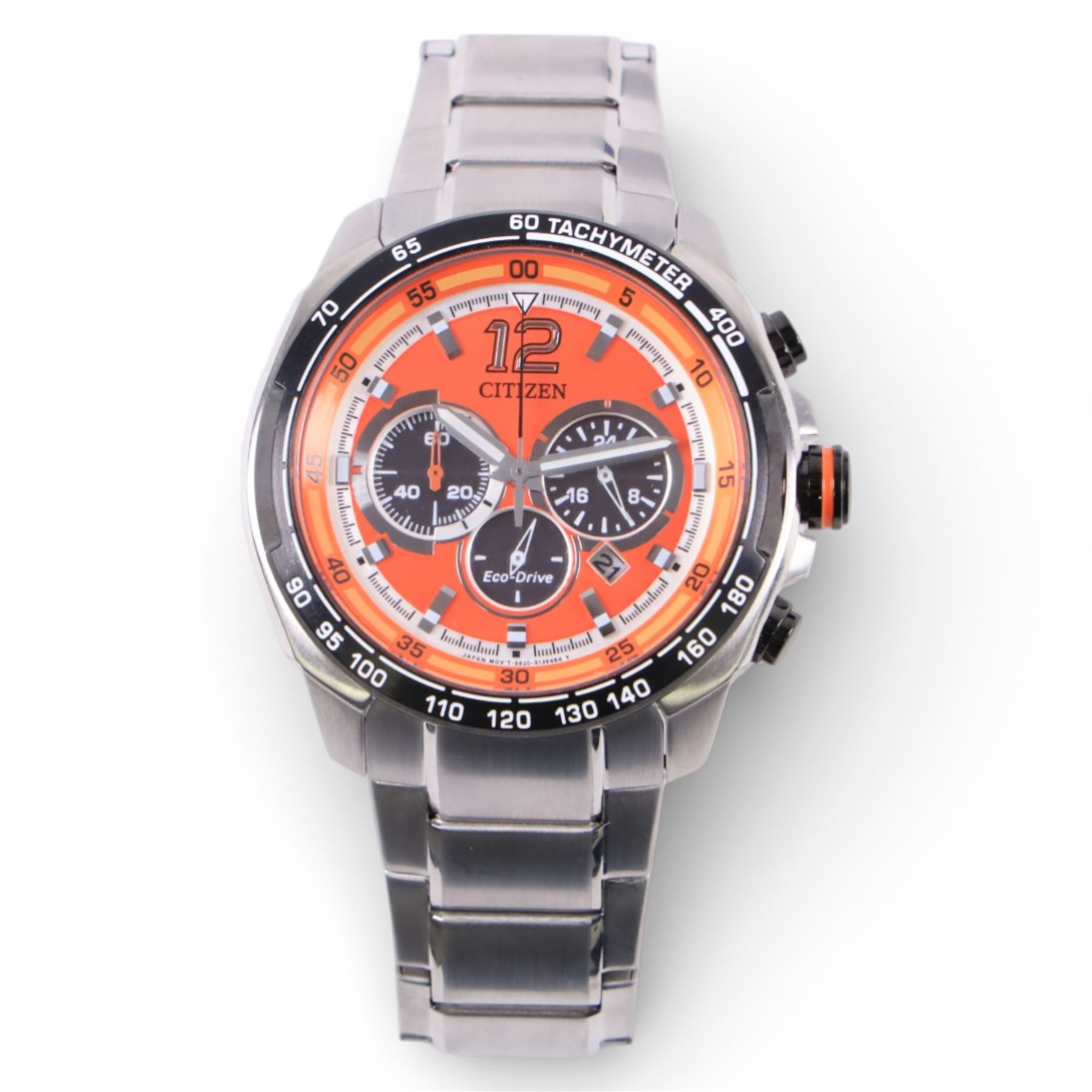 Citizen Eco-Drive gentleman's stainless steel solar power wristwatch, Ref. B620-S097169, orange dial with baton hour markers, on original stainless steel strap with fold-over clasp