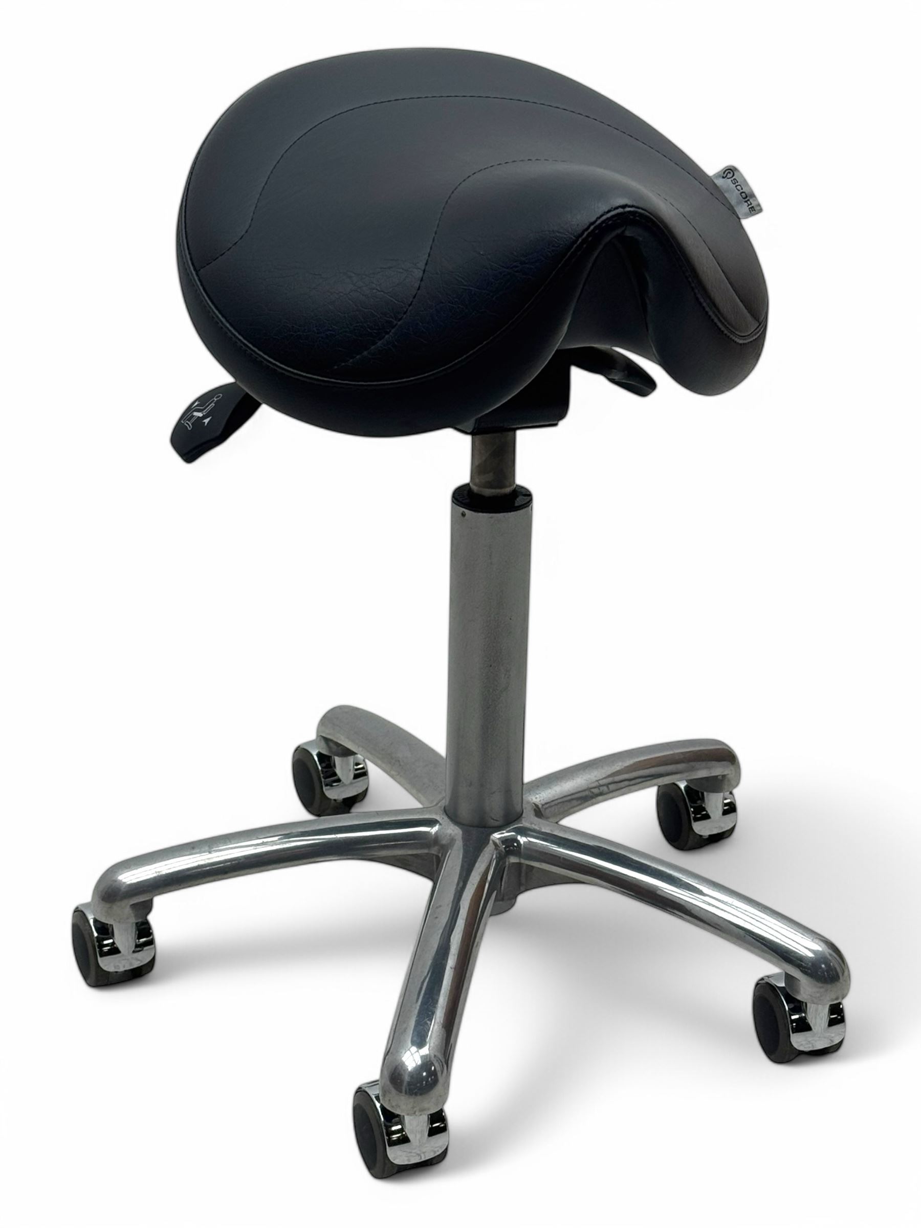 Score - contemporary 'Amazone' saddle stool, upholstered in black leatherette with adjustable height and tilt mechanism, raised on chrome spoke base fitted with castors
