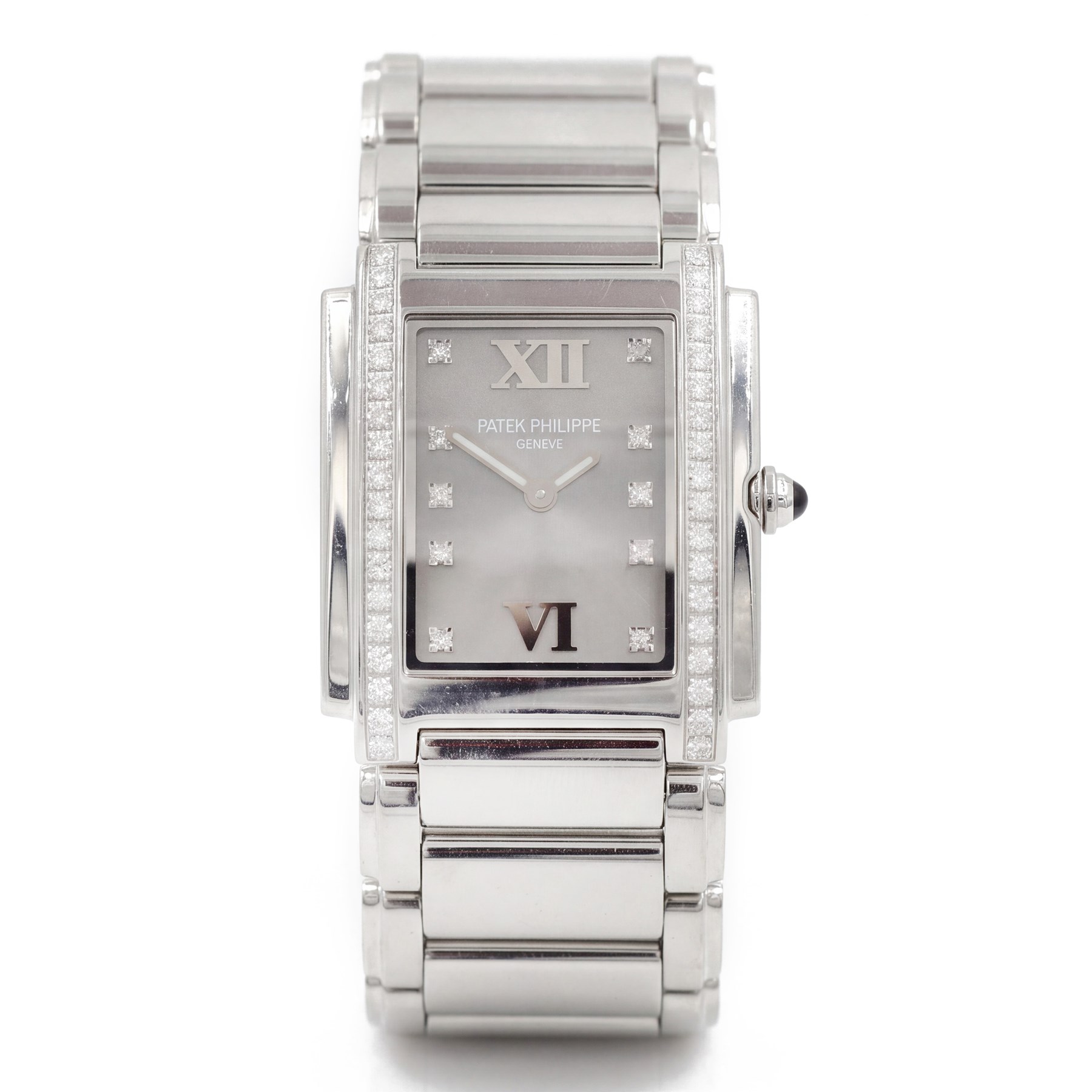 Patek Philippe Twenty~4 ladies stainless steel quartz wristwatch, sunburst grey dial with Roman numeral and diamond dot hour markers and diamond set case, on original bracelet, with fold-over clasp boxed