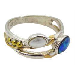 Silver and 14ct gold wire opal and pearl ring, stamped 925 