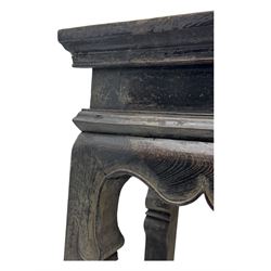 19th century Chinese black lacquer console table, rectangular moulded top over full-width drawer and scalloped apron with carved corner details, raised on square-section legs
