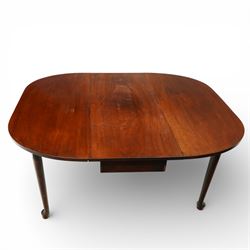 20th century mahogany drop leaf dining table, demi lune leaves above tapering legs with pad feet 