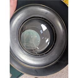 Late 19th century Voigtlander & Sohn large brass Euryscop lens no. 8 serial no. 31590, mounted to long black wooden box, with leather lens cover and seven brass Waterhouse stops, lens case D19cm