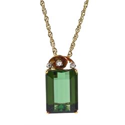 14ct gold emerald cut green tourmaline and three stone round brilliant cut diamond pendant, on 9ct gold necklace chain, hallmarked or tested