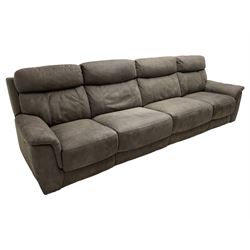DFS - 'Vinson' grande four-seat electric reclining smart sofa upholstered in stitched grey fabric, each seat with independent electric reclining action, fitted with two USB charging ports 