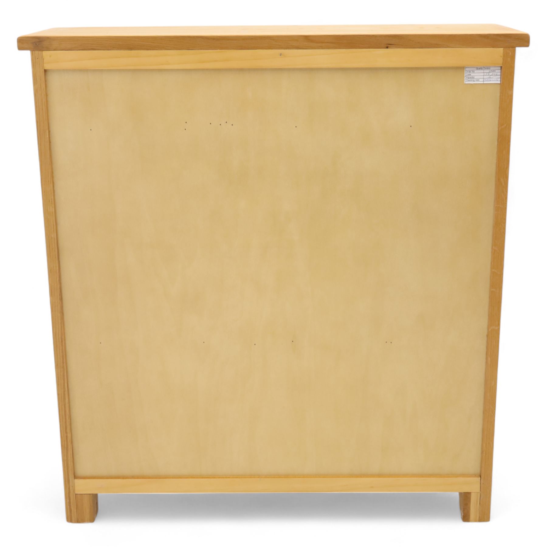 Modern oak effect shoe cabinet, plain rectangular top over two fall-front drawers with metal drop handles, framed sides and block supports