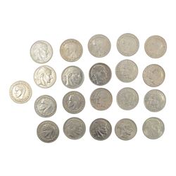 Twenty-one Belgian silver fifty franc coins