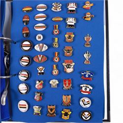 Rugby league enamel badge collection, from Barrow Raiders, Batley, Blackpool Panthers, Bradford Northern, Bradford Bulls, Bramley, Castleford, Catalan Dragons, Celtic Crusaders, Dewsbury Rams, Doncaster, Featherstone Rovers and Halifax, housed in two folders, (approximately 280)