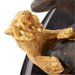 After Genryusai Seiya, modern bronzed model of an elephant being hunted by tigers, upon a black painted wooden base, height including base H45cm