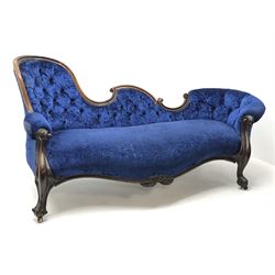 *Victorian rosewood chaise longue, shaped buttoned back with c scroll cresting rail, carved and moulded frame, serpentine seat, scroll carved arm supports and feet, W188cm, H90cm, D90cm