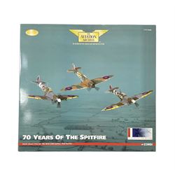 Corgi - Limited Edition Aviation Archive AA99189 70 Years of the Spitfire Johnnie Johnson 3 Piece Set - Mk1, MkVB & Mk1X - Plinth Mounted; in original box 