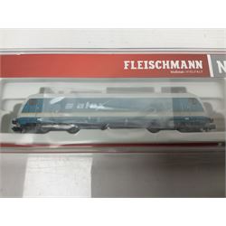 Fleischmann 'N' gauge - 'Piccolo' double pantograph locomotive No.967385 and another locomotive 'Alex'; both boxed (2)
