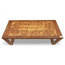 Mid-20th century ‘Long John’ teak nest of coffee tables, rectangular form with ceramic tile inset top, enclosing two smaller square tables with matching tile decoration