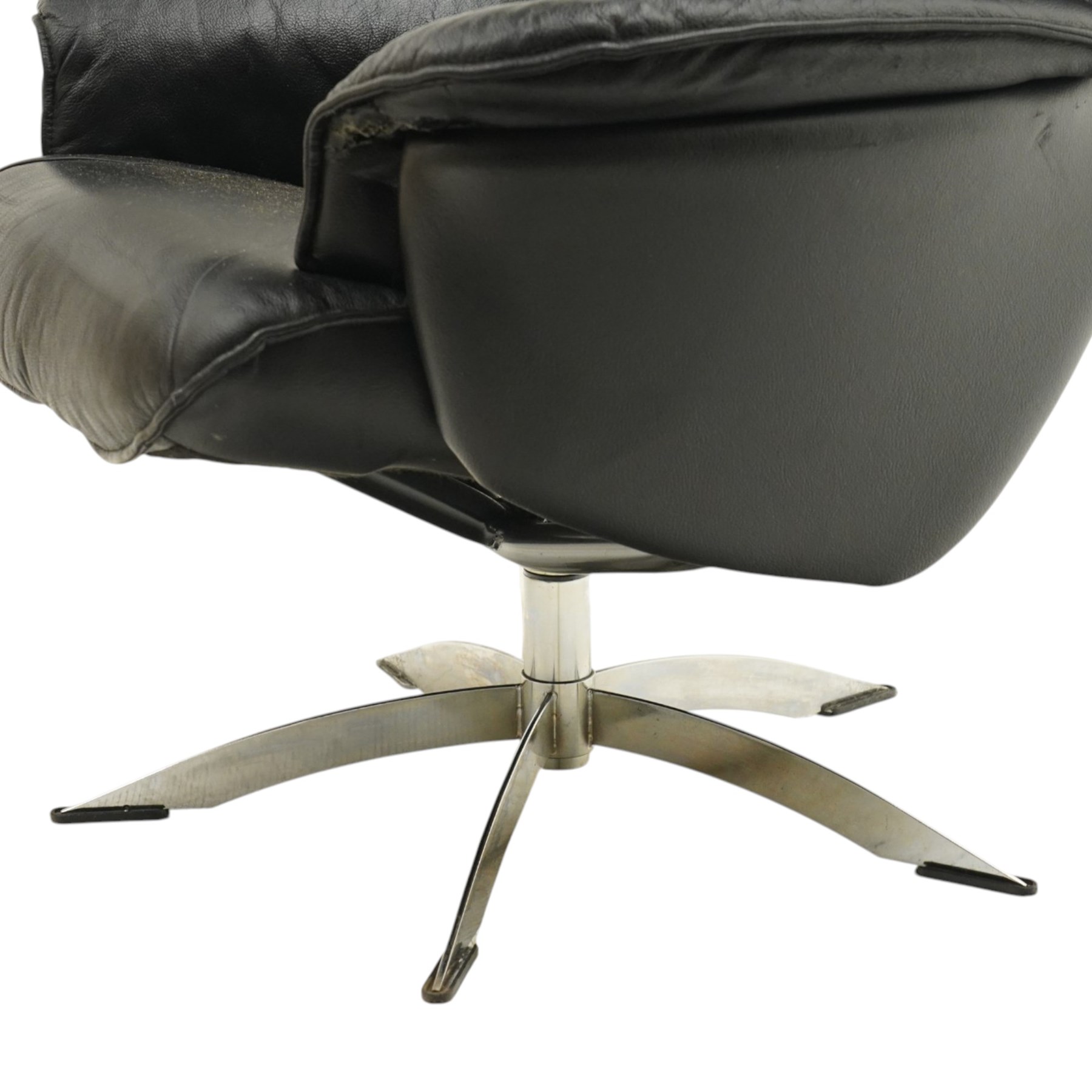 Hjort Knudsen - Danish swivel armchair or desk chair, high back over swept arms, upholstered in black leather, raised on a five-spoke chrome base with swivel action