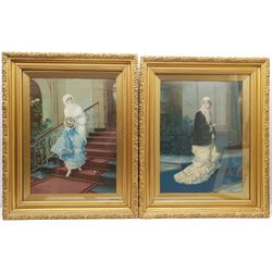 After Karl Hermann Schellbach (German 1850-1921): Fashionable Ladies, pair early 20th century colour prints in gilt frames 57cm x 42cm (2)