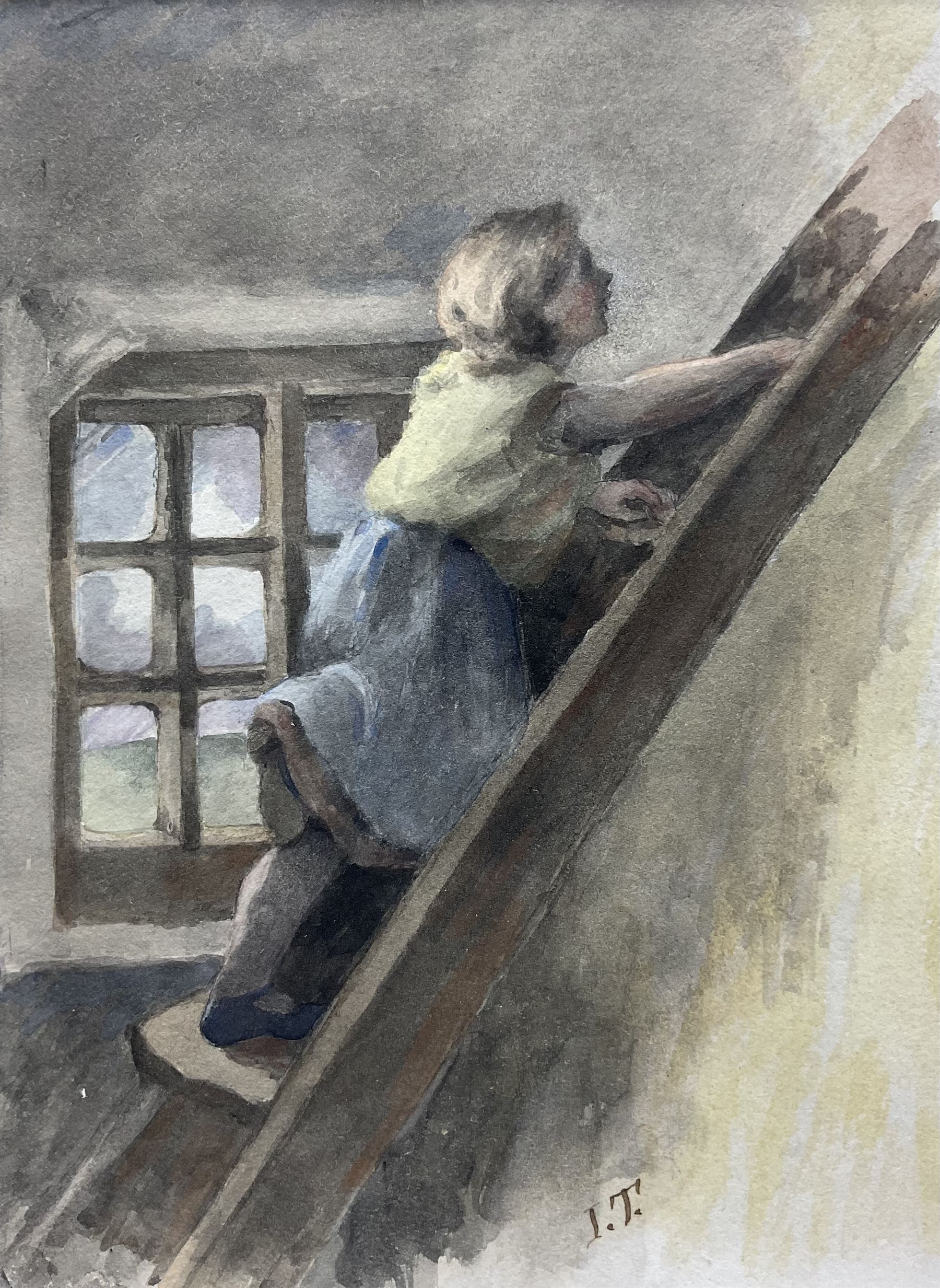 Isabella 'Isa' Jobling (nee Thompson) (Staithes Group 1851-1926): 'The Miller's Daughter' - Climbing the Ladder, watercolour signed with initials, titled on gallery label with artist's original address label verso 15cm x 11cm 
Provenance: exh. the Dean Gallery, Newcastle, January 1989, label verso 
Notes: one of three illustrations Isa painted for the Alfred Tennyson poem of the same titled. Painted after her marriage to Robert Jobling in 1893.