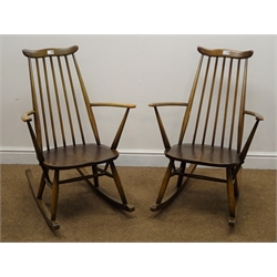  Pair Ercol medium elm stick back rocking chairs, W62cm  