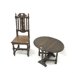Victorian oak heavily carved hall chair, barley twist supports, solid seat (W46cm) and a small oak drop leaf coffee table 
