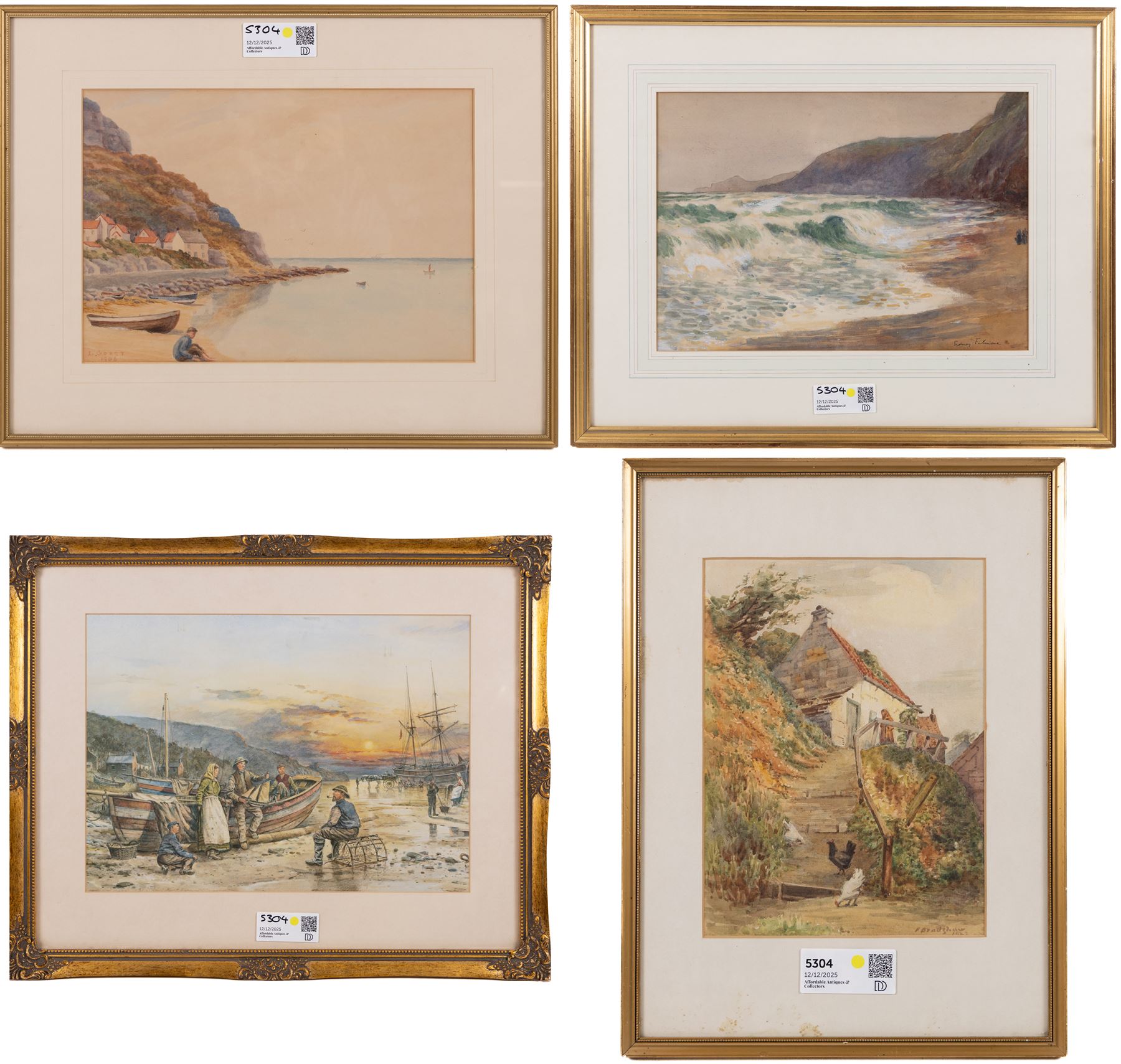 Runswick Bay and other local watercolours, and a fishermen print (4)