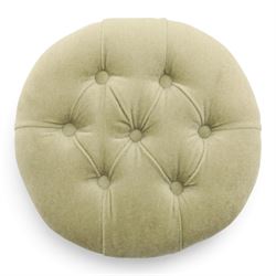 Victorian carved walnut framed armchair with matching stool, the tub-shaped chair with moulded and shaped frame and arm terminals, raised on scrolled cartouche carved supports with scroll feet and castors, buttoned back and sprung seat upholstered in sage green fabric; the small circular footstool with buttoned seat and scroll supports (W36cm H15cm)