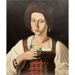 Donald Watson (Northern British 1922-) after Caravaggio (Italian 1571-1610): 'Portrait of a Courtesan', oil on board signed and dated 1990 verso 59cm x 49cm 
Notes: the original was destroyed in Berlin in 1945
