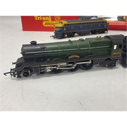 Hornby/Tri-Ang ‘00’ gauge - nine locomotives to include Britannia Class ‘Britannia’ 4-6-2 no.70000 in BR green; Class M7 4-4-0 Tank no.30027 in BR black; Princess Class ‘Princess Victoria’ 4-6-2 no.46205 in BR black; in original boxes; further loose models Princess Class ‘Princess Elizabeth’ 4-6-2 no.46201 in BR green; Class 3F 0-6-0 tank no.7606 in LMS crimson; TR double ended diesel locomotive; three further tank locomotives and one loose tender (10) 