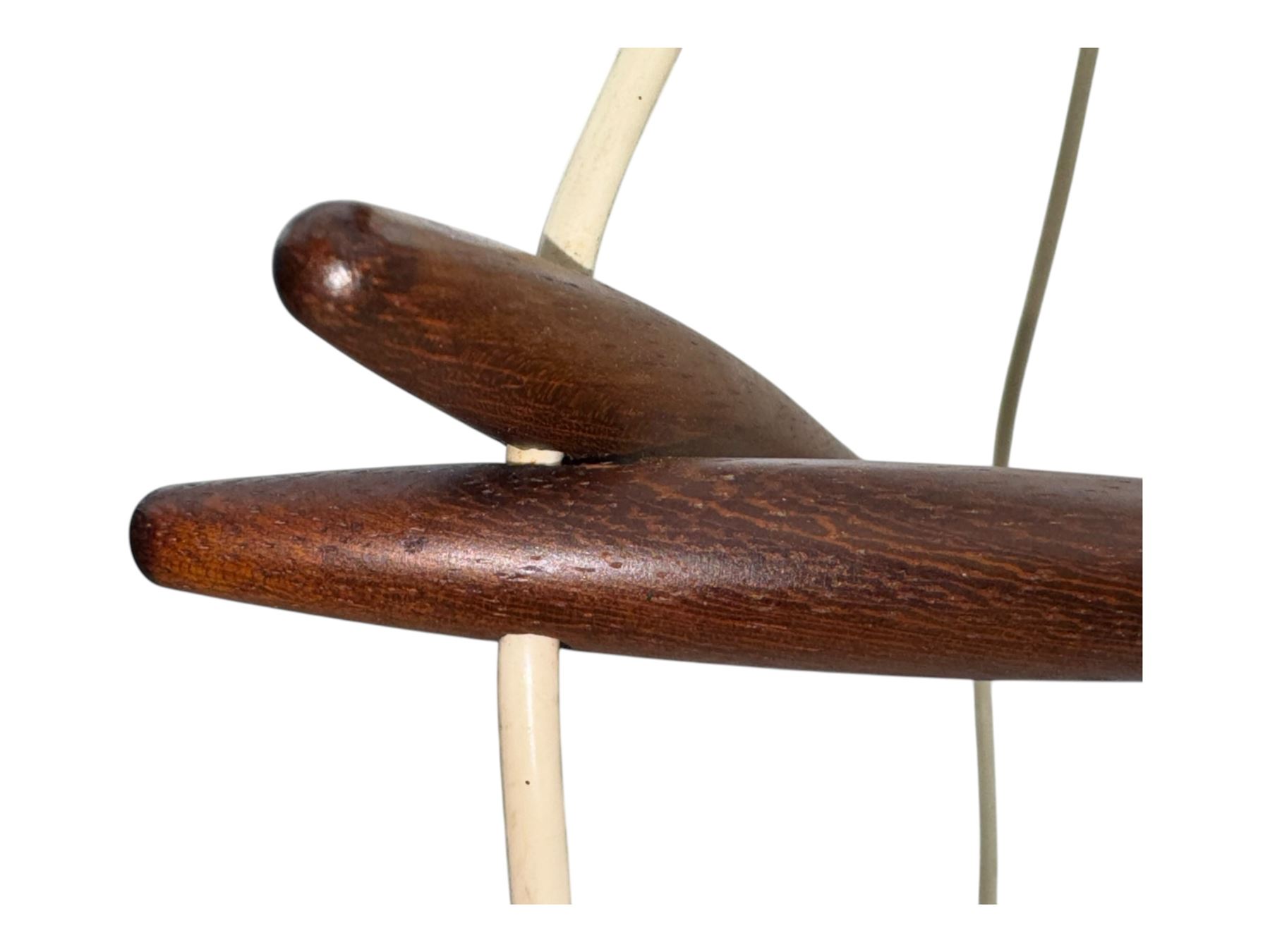 1970's Scandinavian teak three light centre light fitting, with white frosted tapered glass shades, in the style of designer Osten & Uno Kristiansson