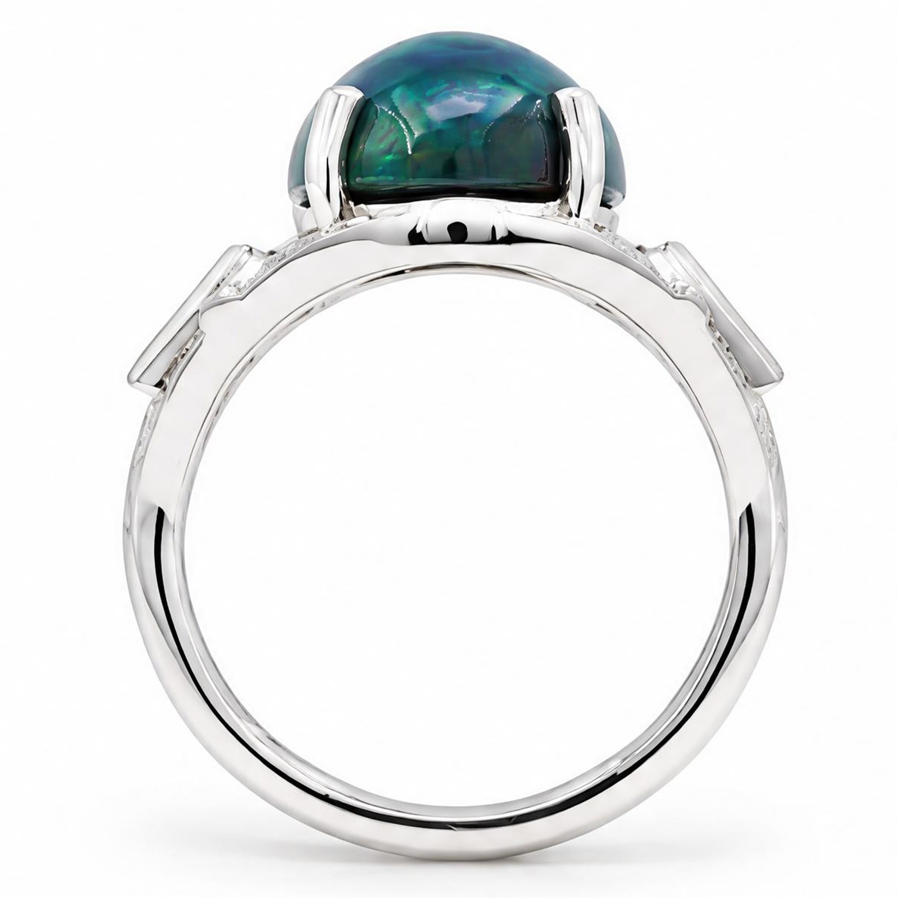 Platinum black opal and diamond ring, four claw set with a single oval cabochon opal of approx 8.45 carat, the openwork surround milgrain set with forty-eight round brilliant cut diamonds and tapered baguette cut shoulders, London 2025