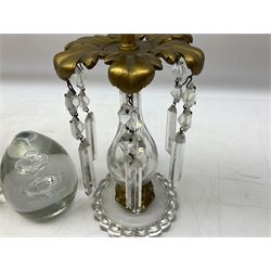 Pair of candlesticks with brass mounts and faceted drops, H25.5cm, together with two glass paperweights